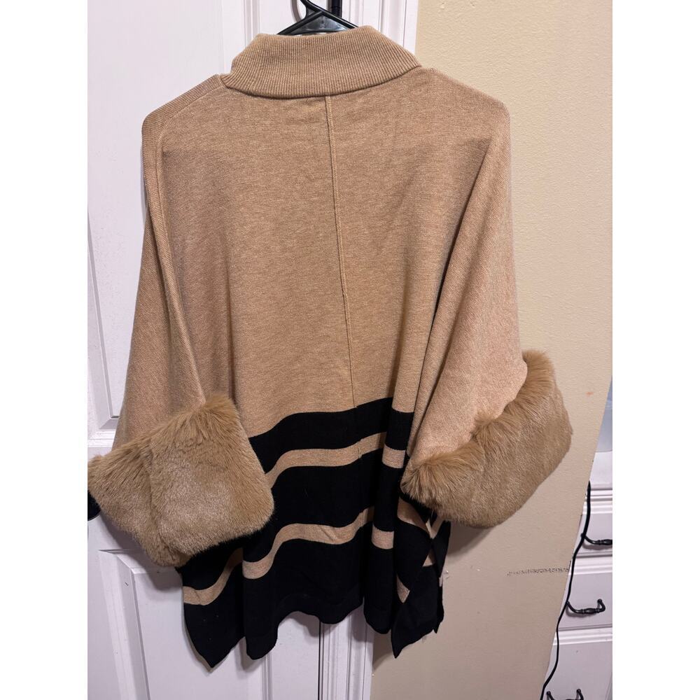 Philosophy Mock Neck Stripe Fur Cuff Poncho Sz XL - Picture 6 of 14
